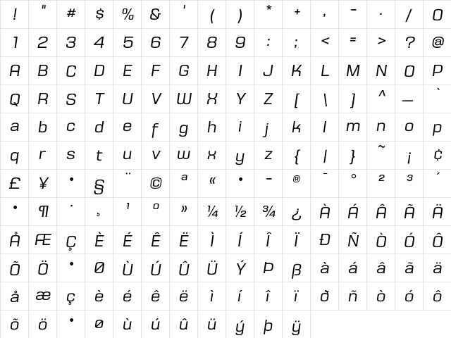 HouseGothicHG23Text Italic  glyph index