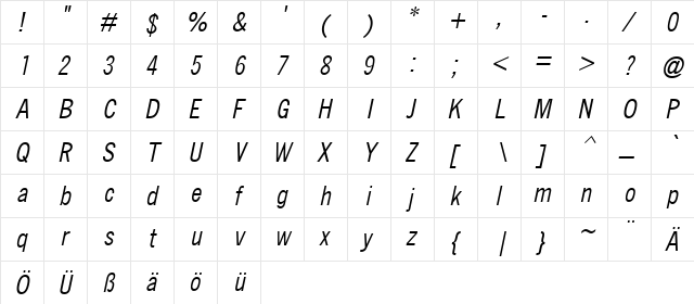 QuickType Condensed Italic  glyph index