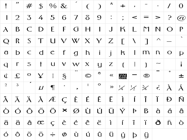 FosterExpanded Regular  glyph index