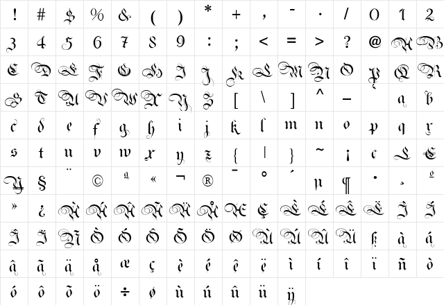 Royal Bavarian Fancy Regular  glyph index