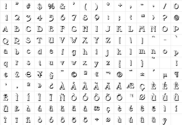 MelbourneShadow Bold  glyph index