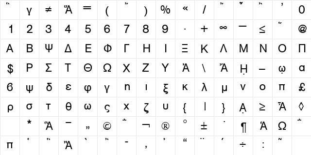 AkzentGreek Regular  glyph index