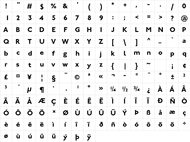 Johnston ITC Std Bold  glyph index