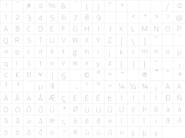 Apex New Thin  glyph index
