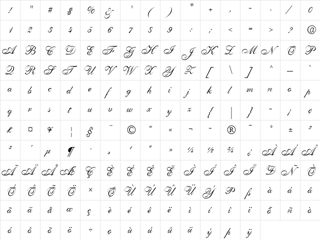 Allegretto Script One Regular  glyph index