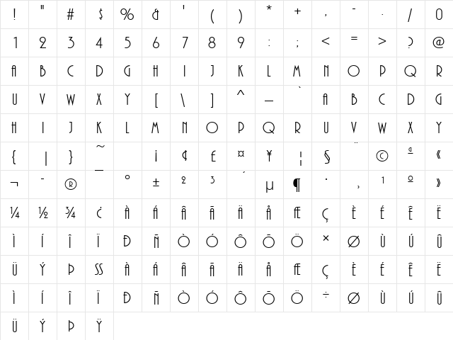 PlazaDReg Regular  glyph index