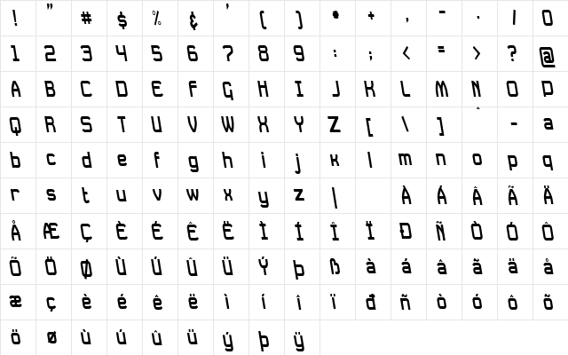 Daville Condensed Rev Slanted Normal  glyph index