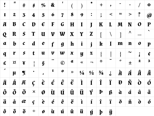 Almendra Bold  glyph index