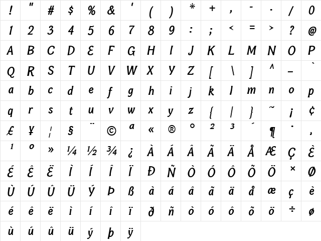 Bonobo Bold Italic  glyph index