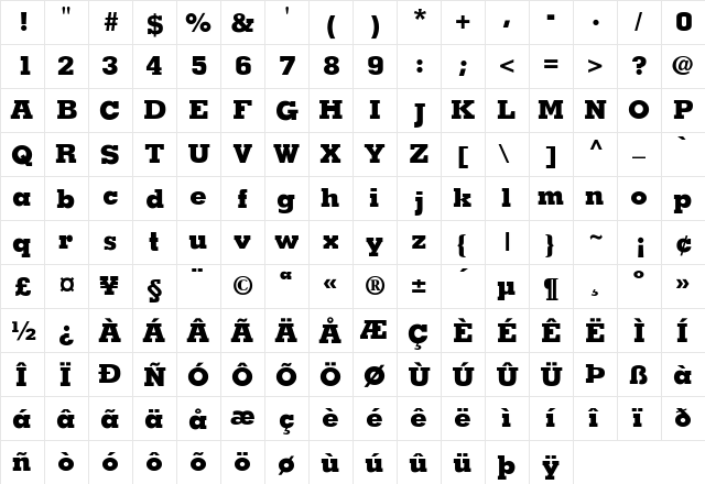 Memphis-ExtraBold Regular  glyph index