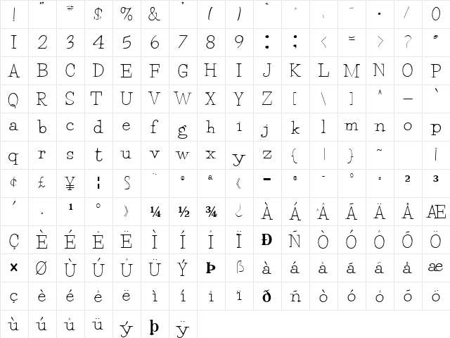 Twiggy86 Regular  glyph index