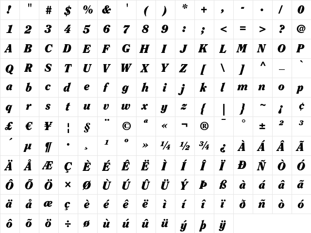 ITC Clearface LT Black Italic  glyph index