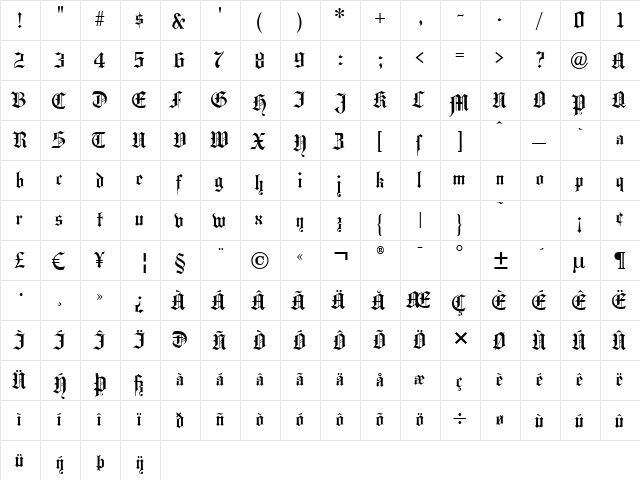 Hansa Gotisch UNZ1L Regular  glyph index