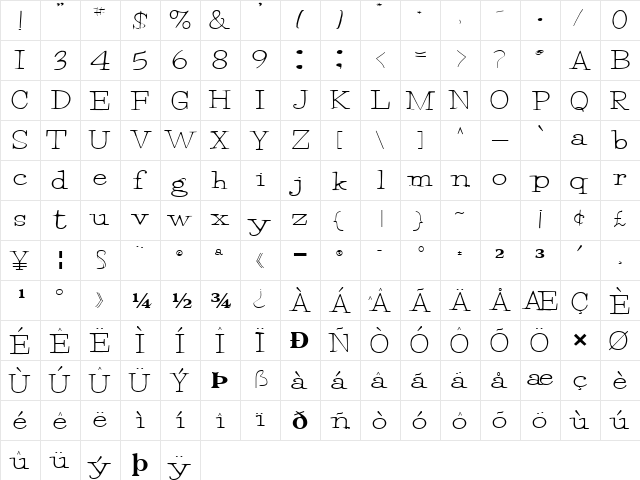 Twiggy Regular  glyph index