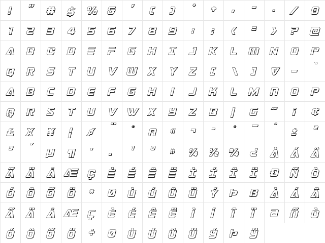 Astro Armada 3D Italic Regular  glyph index