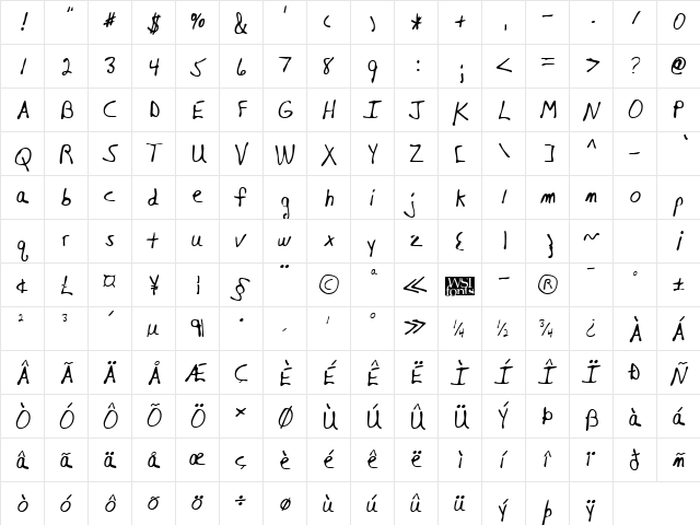 HershelsHand Regular  glyph index