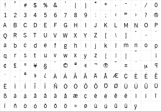 Hamburg-Serial-Light Regular  glyph index