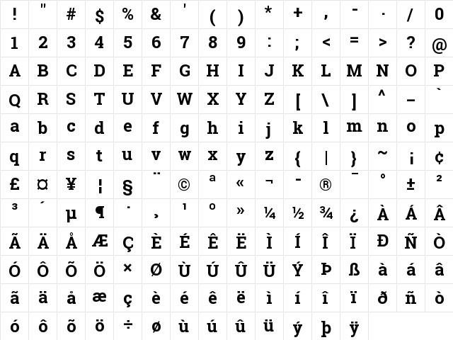 Roboto Slab Bold  glyph index