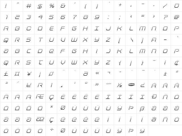 Light Brigade Gradient Italic Italic  glyph index