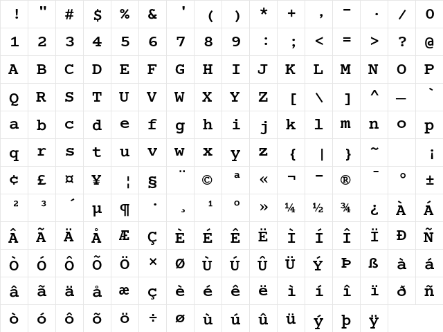 Cumberland Std Bold  glyph index