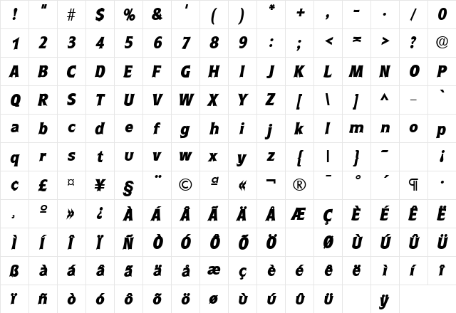 RoundestLH Bold Italic  glyph index