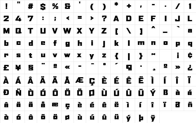 AgencyFB Black Wide Regular  glyph index