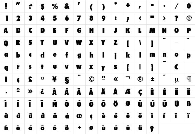 Limerick-HeavyCond Regular  glyph index