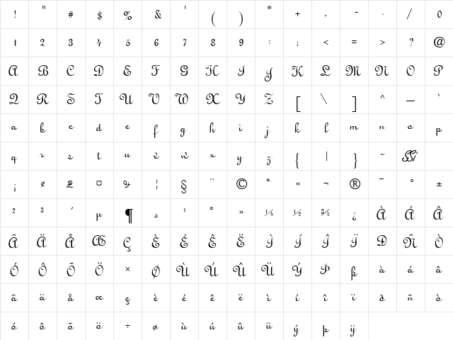 Monastery Script SSi Regular  glyph index