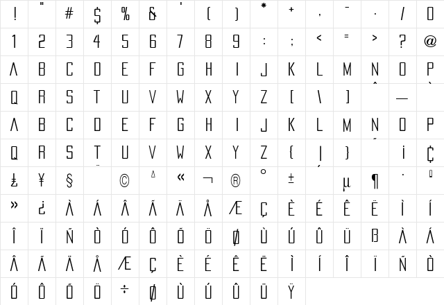 Pacifica Medium  glyph index