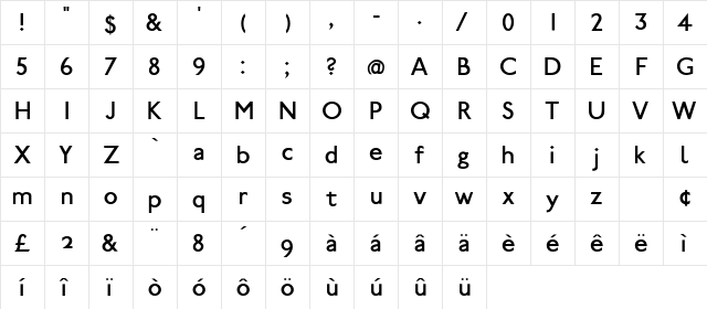 Paddington Plain Roman  glyph index