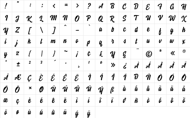 Hoodson Script Free Demo Regular  glyph index