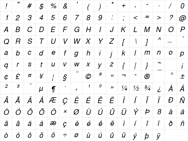 Nimbus Sans Becker L Italic  glyph index