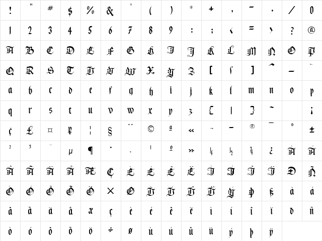 Black Knight Regular  glyph index