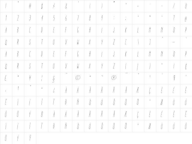 Aracne Ultra Condensed Light Italic Ultra-condensed Light Italic  glyph index