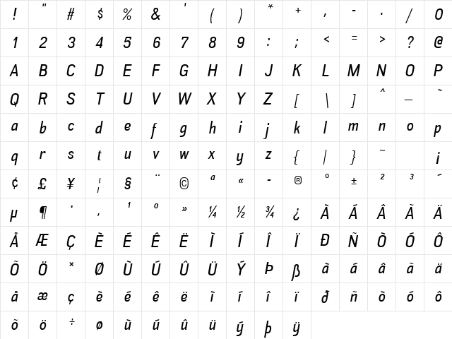 Akazan Italic  glyph index