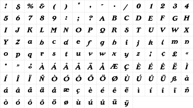 EdwardianEF ExtraBoldIta  glyph index