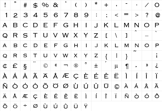 CopperDB Bold  glyph index