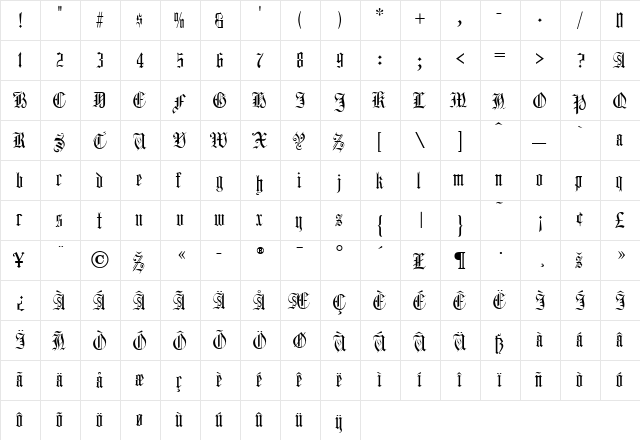 Harrowgate Regular  glyph index
