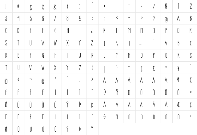 Stickman Sans Serif Regular  glyph index