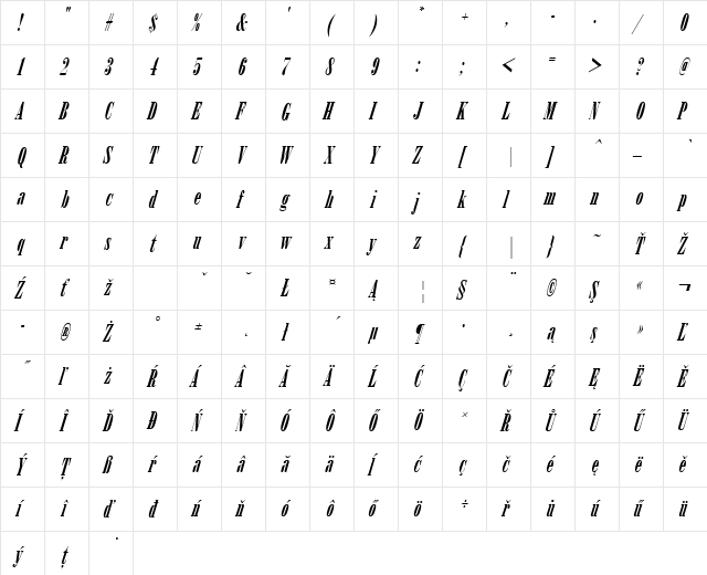 ArsisDEEReg Italic  glyph index