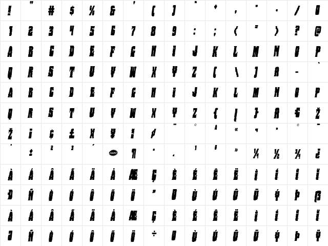 Bog Beast Condensed Italic Condensed Italic  glyph index