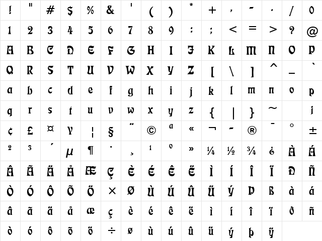 Freefrm710 BT Regular  glyph index