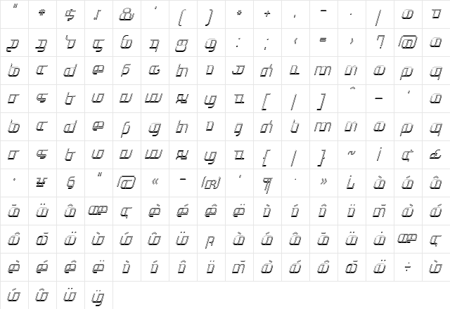 Jakone Italic  glyph index