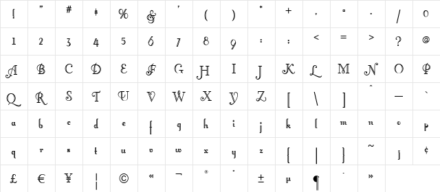 Artemis Deco Regular  glyph index