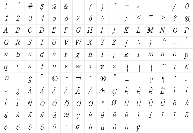Corporate E BQ Light Italic  glyph index