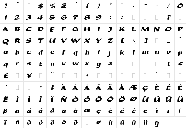 Becka Script Plain  glyph index