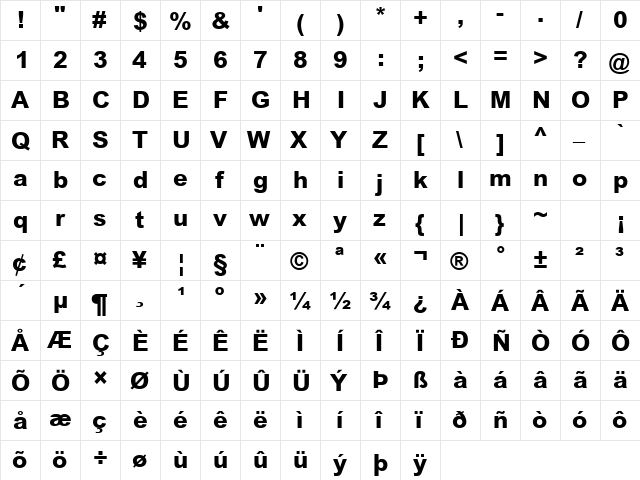 Arial MT Extra Bold Regular  glyph index