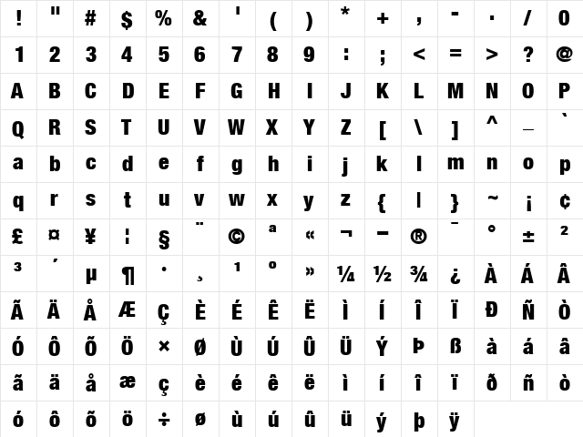 HelveticaNeue Cond Black  glyph index