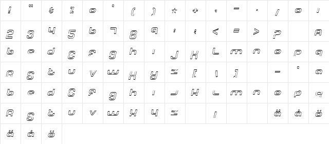 Tech Font Outline Italic  glyph index