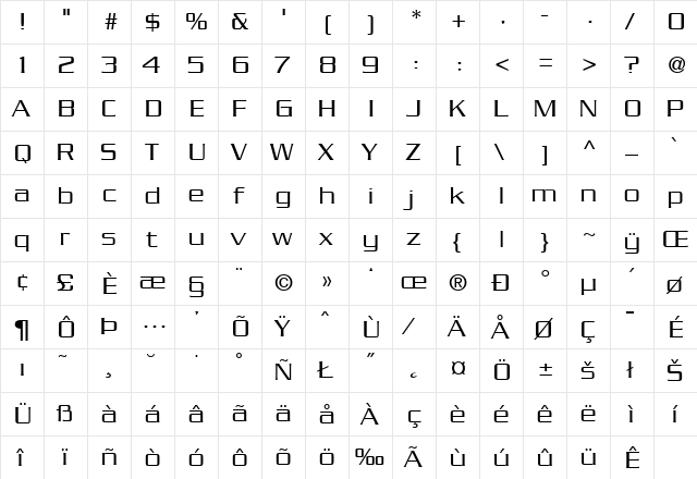 SerpentineLight Regular  glyph index